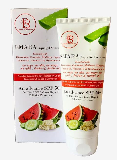 EMARA Aqua Gel Sunscreen SPF 50+ # Watermelon # Cucumber #Mullberry # Liquorice  #Vitamin-E# Vitamin-C # Hyaluronic Acid